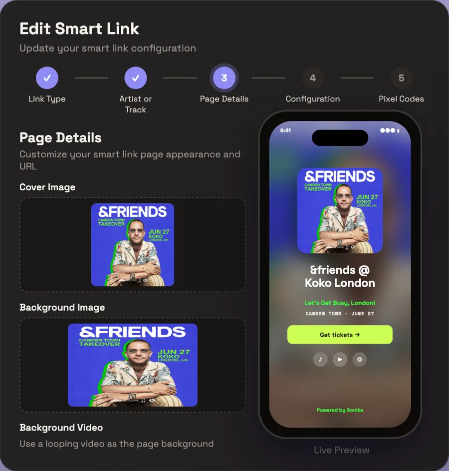 Sonika smart link editor with a live phone preview of a ticket page